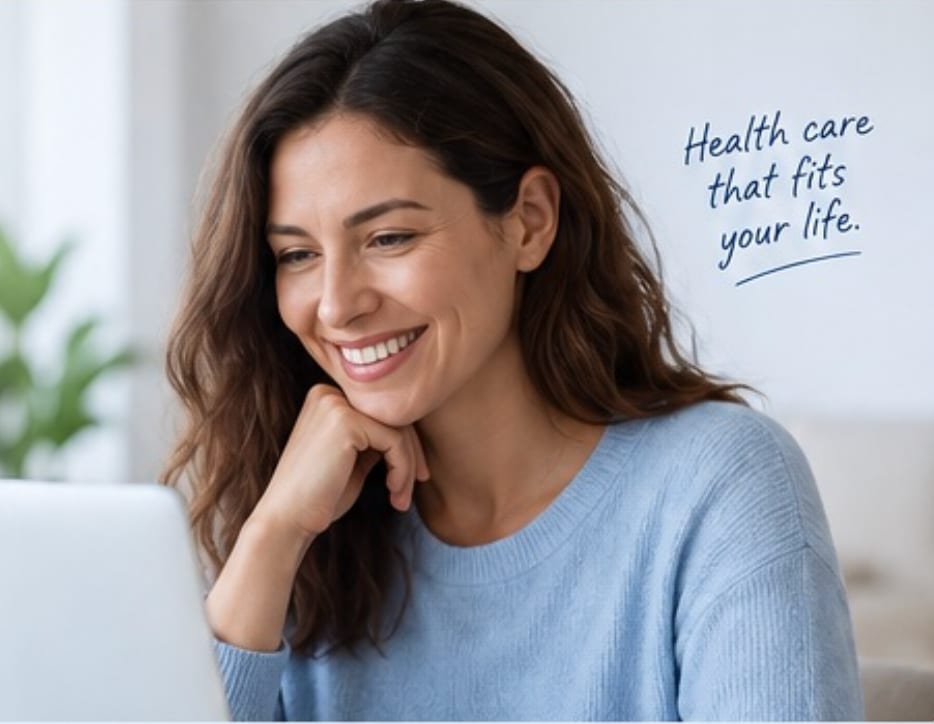 A patient at home smiling at her laptop during a virtual appointment &mdash; health care that fits your life.